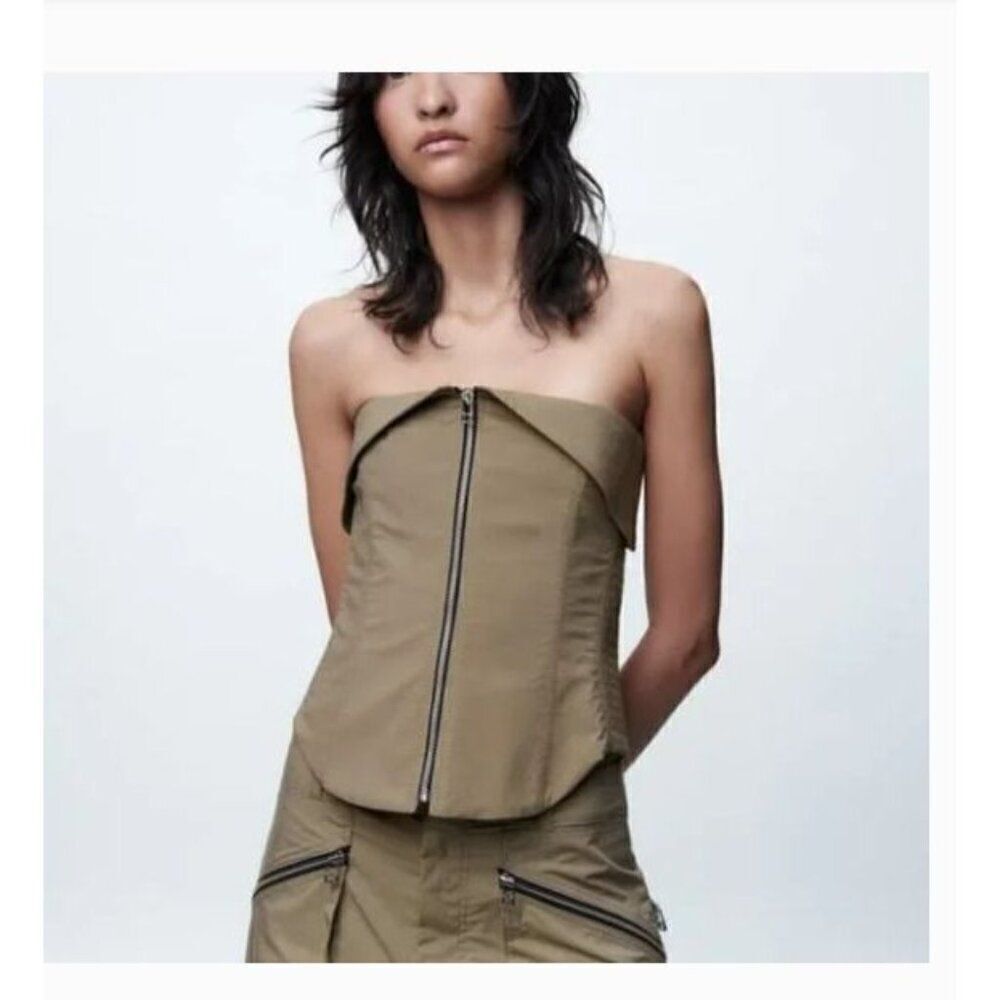 Zara Womans Blouse Bustier Top XS Bloggers fave Tan Khaki Strapless 2287/346 NWT